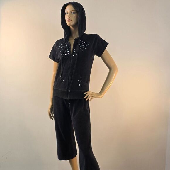 Vishal Black Track Jogging Suit Zip Up Hoodie With Cropped Pants Womens Sz M - Picture 2 of 11